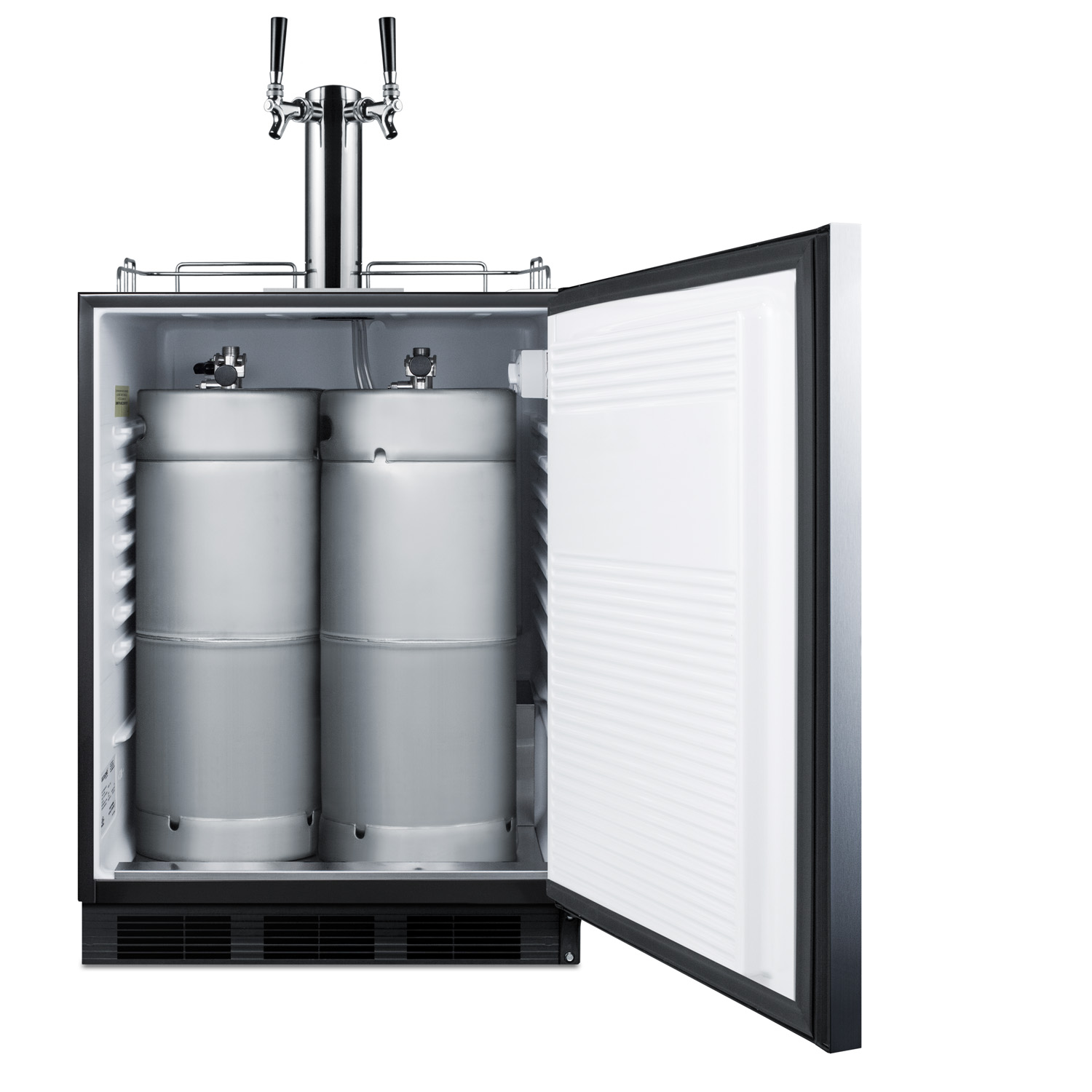 Built-in undercounter ADA height commercially listed dual tap combination beer and wine dispenser with stainless steel door and black cabinet